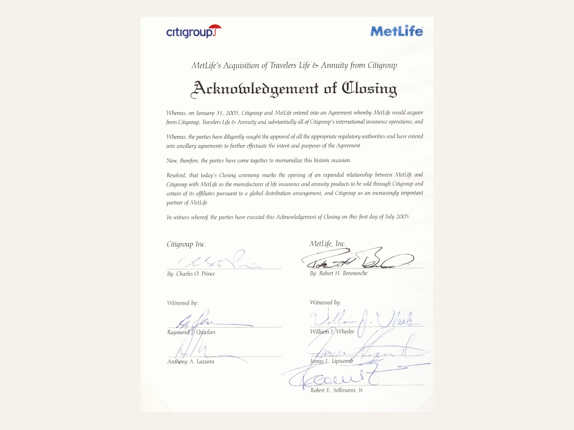 2005: MetLife purchased Travelers Life & Annuity Company